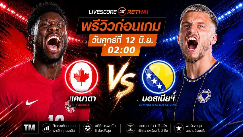 ถ่ายทอดสด ฟุตบอลโลก 2026 กลุ่ม บี : แคนาดา -vs- บอสเนียฯ วันศุกร์ ที่ 12 มิถุนายน 2569 เวลา : 02.00 น.