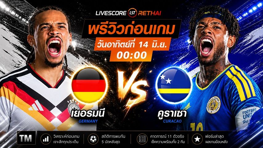 ถ่ายทอดสด ฟุตบอลโลก 2026 กลุ่มอี : เยอรมัน -vs- คูราเซา วันอาทิตย์ ที่ 14 มิถุนายน 2569 เวลา : 00.00 น.