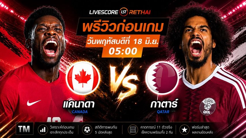 ถ่ายทอดสด ฟุตบอลโลก 2026 กลุ่ม B : แคนาดา -vs- กาตาร์ วันพฤหัสบดี ที่ 18 มิถุนายน 2569 เวลา : 05.00 น.
