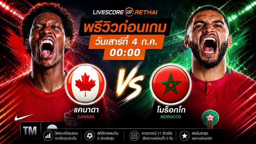 ถ่ายทอดสด ฟุตบอลโลก 2026 รอบ 16 ทีมสุดท้าย : แคนาดา -vs- โมร็อกโก วันเสาร์ ที่ 4 กรกฎาคม 2569 เวลา : 00.00 น.